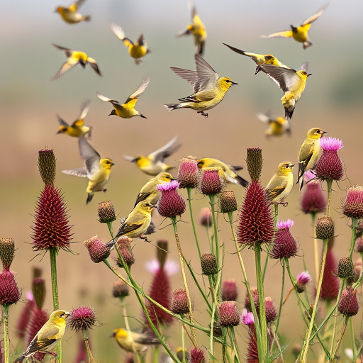 Goldfinch flock among thistle plants