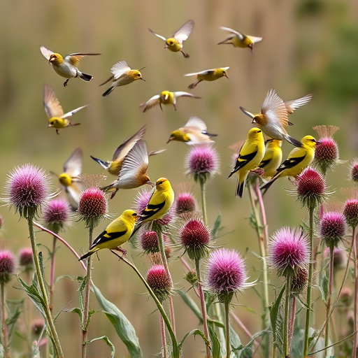 Goldfinch flock among thistle plants