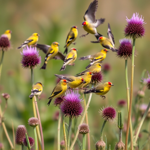 Goldfinch flock among thistle plants