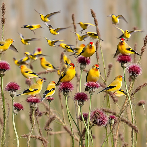 Goldfinch flock among thistle plants