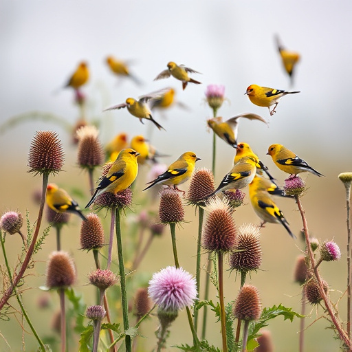 Goldfinch flock among thistle plants