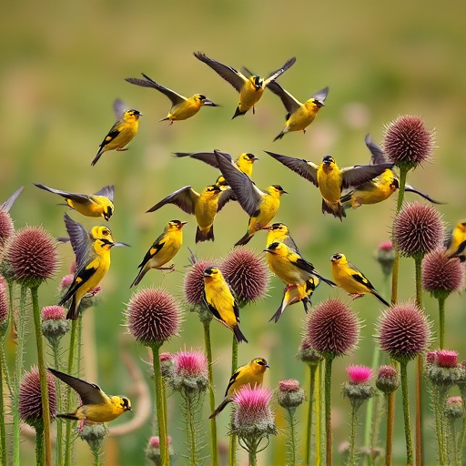 Goldfinch flock among thistle plants