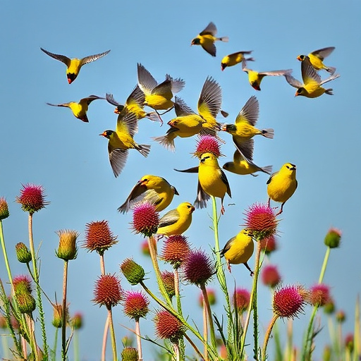 Goldfinch flock among thistle plants