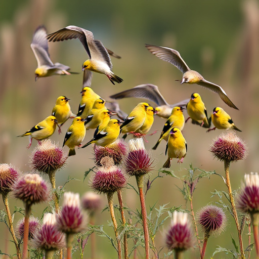 Goldfinch flock among thistle plants