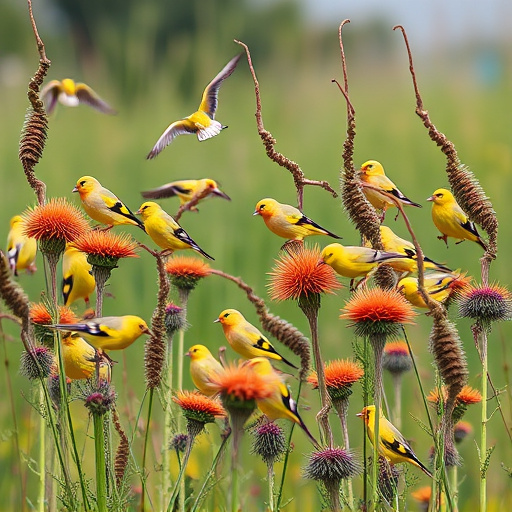 Goldfinch flock among thistle plants