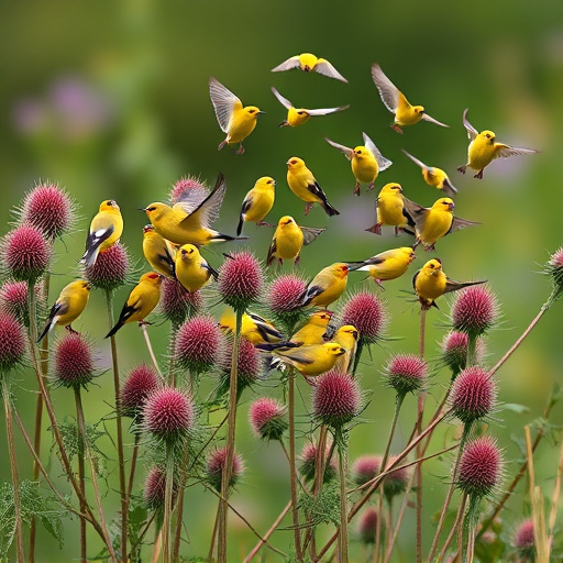 Goldfinch flock among thistle plants