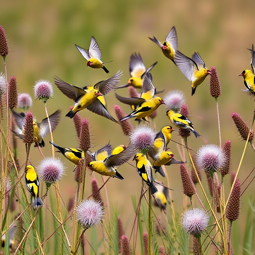 Goldfinch flock among thistle plants