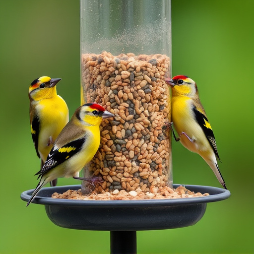 Goldfinches feeding on niger seed feeder