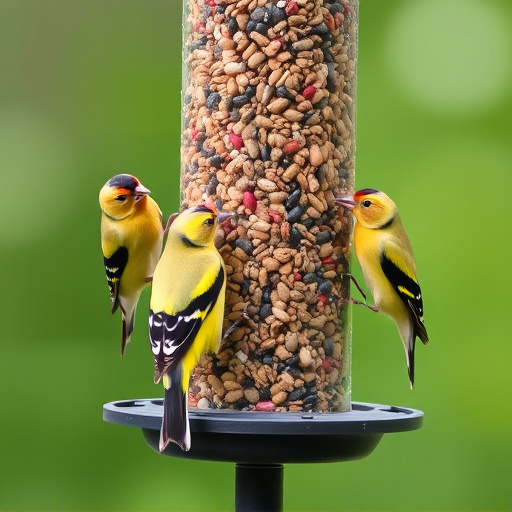 Goldfinches feeding on niger seed feeder