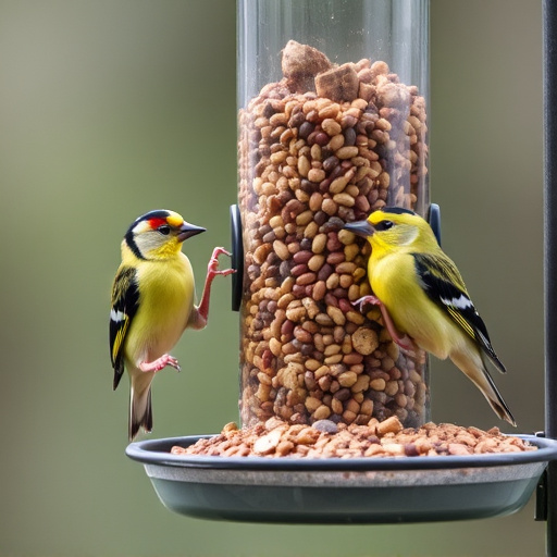 Goldfinches feeding on niger seed feeder