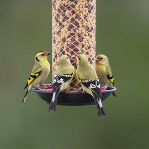 Goldfinches feeding on niger seed feeder