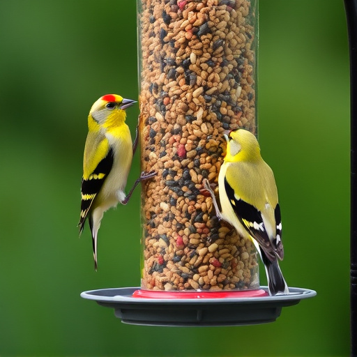 Goldfinches feeding on niger seed feeder