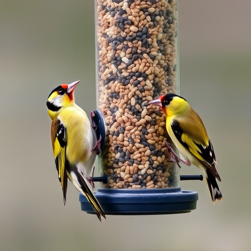 Goldfinches feeding on niger seed feeder