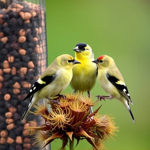 Goldfinches on thistle seed feeder