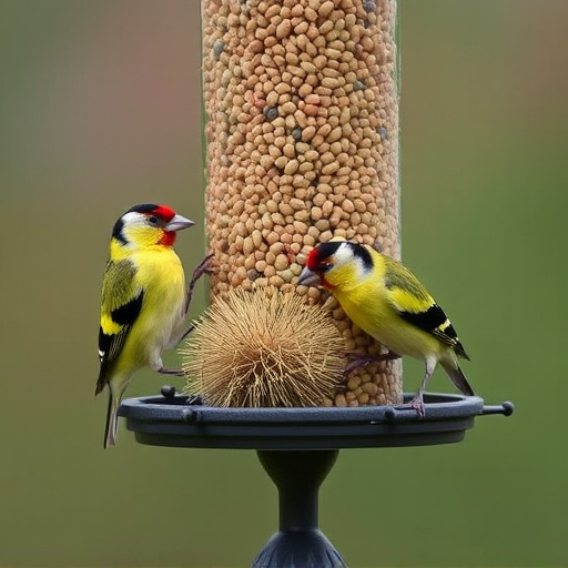 Goldfinches on thistle seed feeder