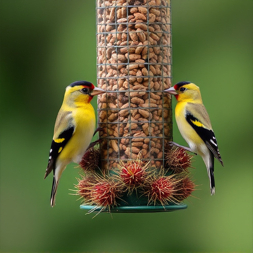 Goldfinches on thistle seed feeder