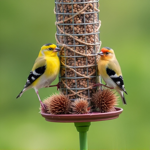 Goldfinches on thistle seed feeder