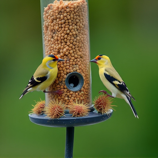 Goldfinches on thistle seed feeder