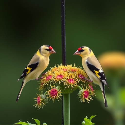 Goldfinches on thistle seed feeder