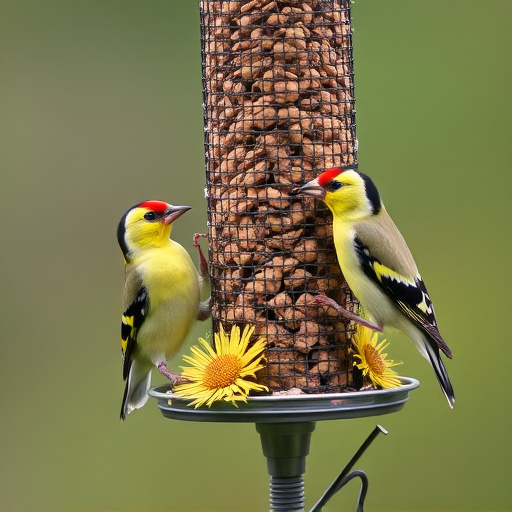 Goldfinches on thistle seed feeder