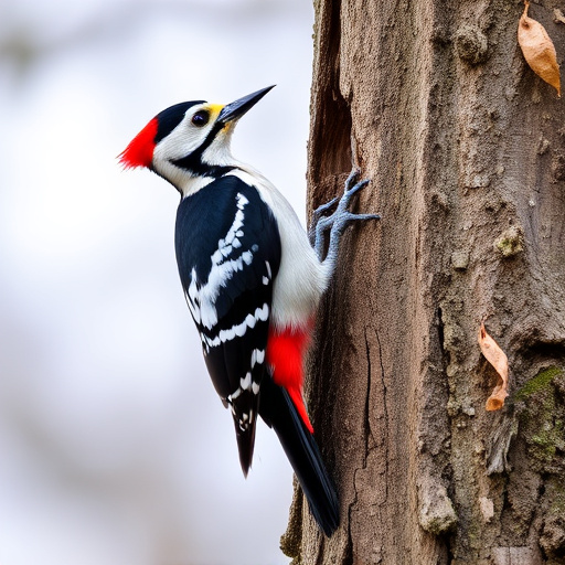 Great spotted woodpecker on tree trunk