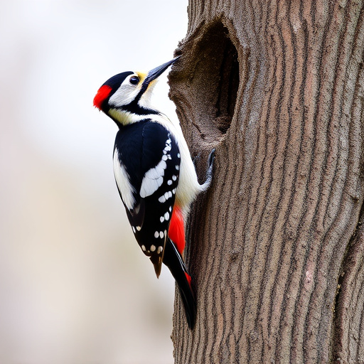 Great spotted woodpecker on tree trunk