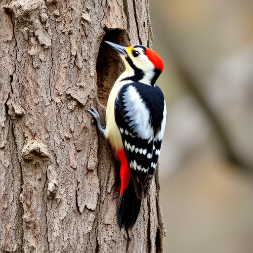 Great spotted woodpecker on tree trunk