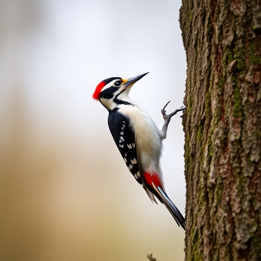 Great spotted woodpecker on tree trunk