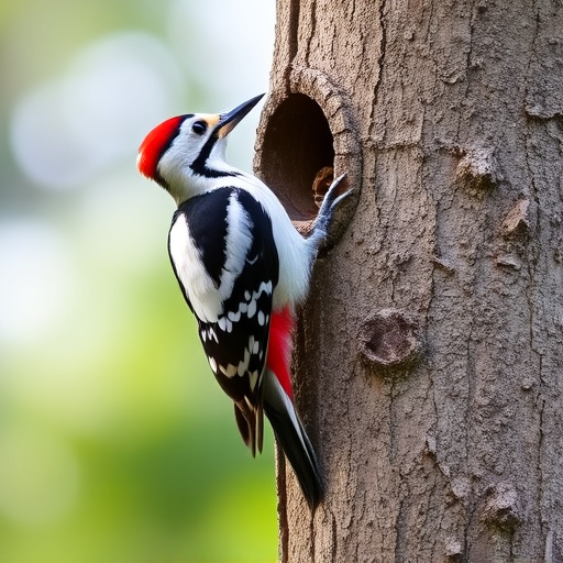 Great spotted woodpecker on tree trunk