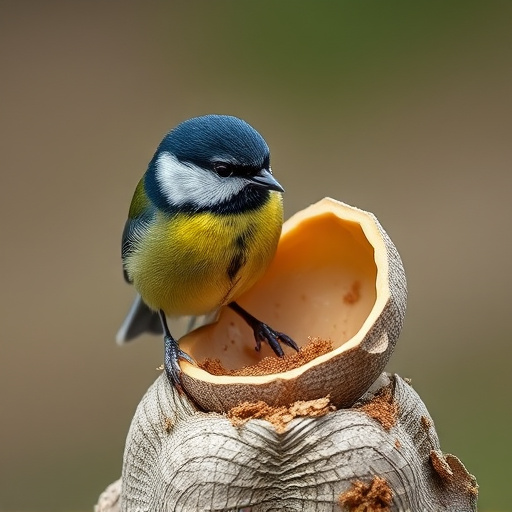 Great tit cracking open peanut shell