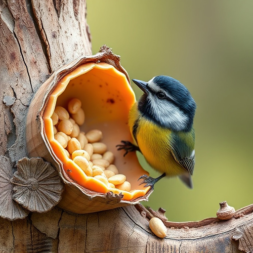 Great tit cracking open peanut shell