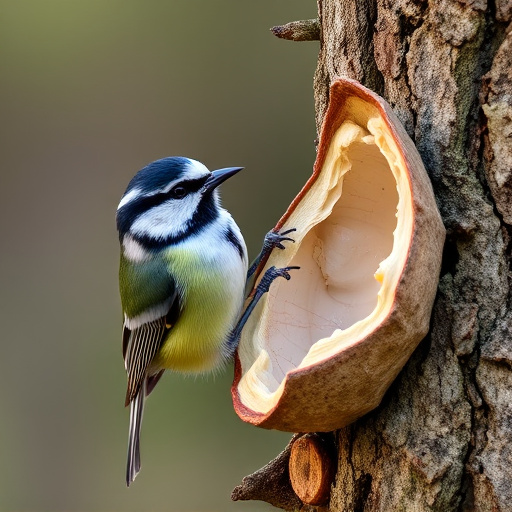 Great tit cracking open peanut shell