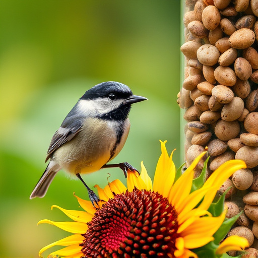 Great tit pecking at sunflower seeds