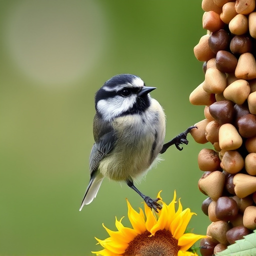 Great tit pecking at sunflower seeds