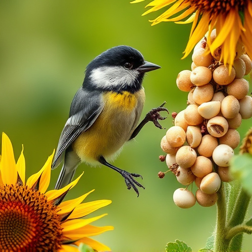 Great tit pecking at sunflower seeds