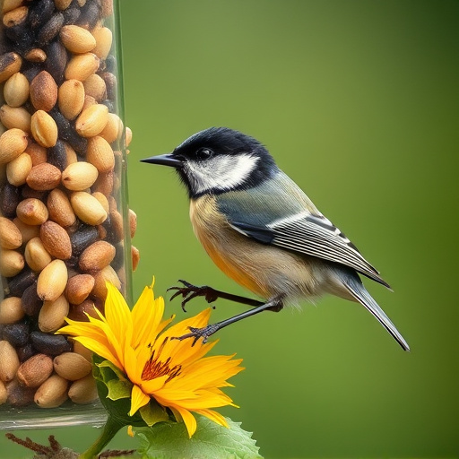 Great tit pecking at sunflower seeds