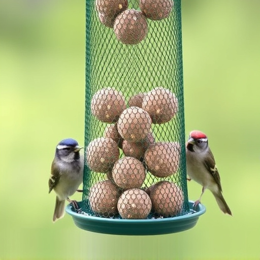 Green mesh feeder filled with suet balls