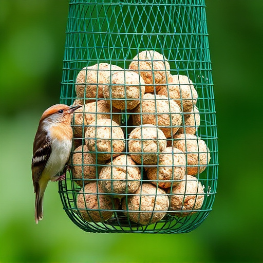 Green mesh feeder filled with suet balls