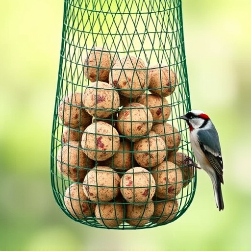 Green mesh feeder filled with suet balls