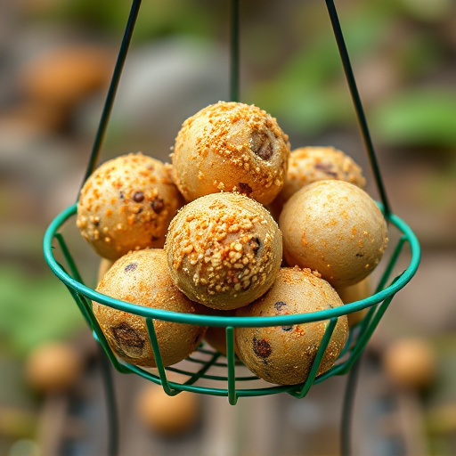 Green metal feeder holding multiple fat balls