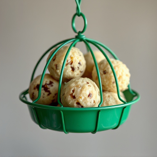 Green metal feeder holding multiple fat balls