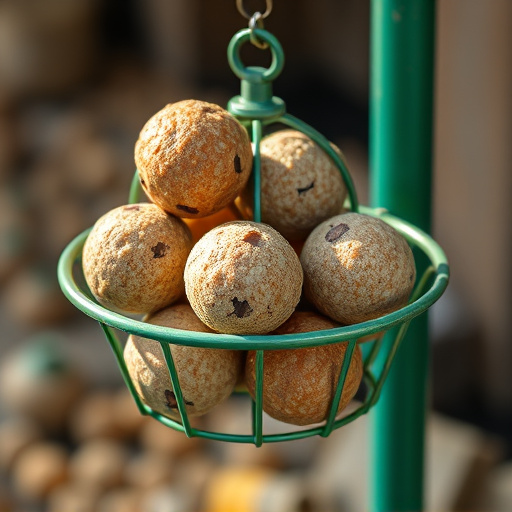 Green metal feeder holding multiple fat balls