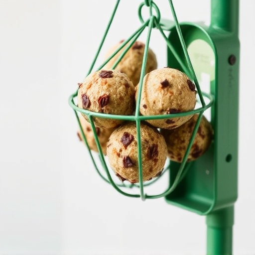 Green metal feeder holding multiple fat balls