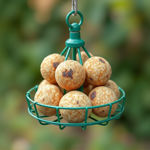 Green metal feeder holding multiple fat balls