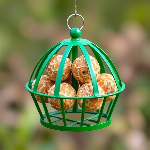 Green metal feeder holding multiple fat balls