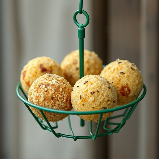 Green metal feeder holding multiple fat balls