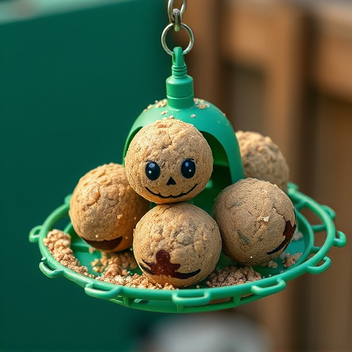 Green metal feeder holding multiple fat balls