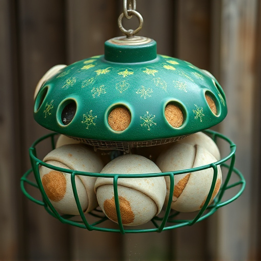 Green metal feeder holding multiple fat balls
