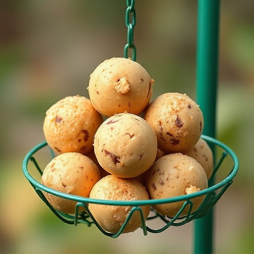 Green metal feeder holding multiple fat balls
