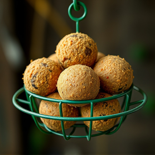 Green metal feeder holding multiple fat balls